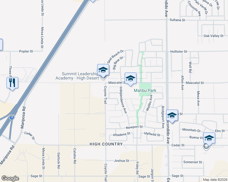 map of restaurants, bars, coffee shops, grocery stores, and more near 12952 Fawnskin Street in Hesperia