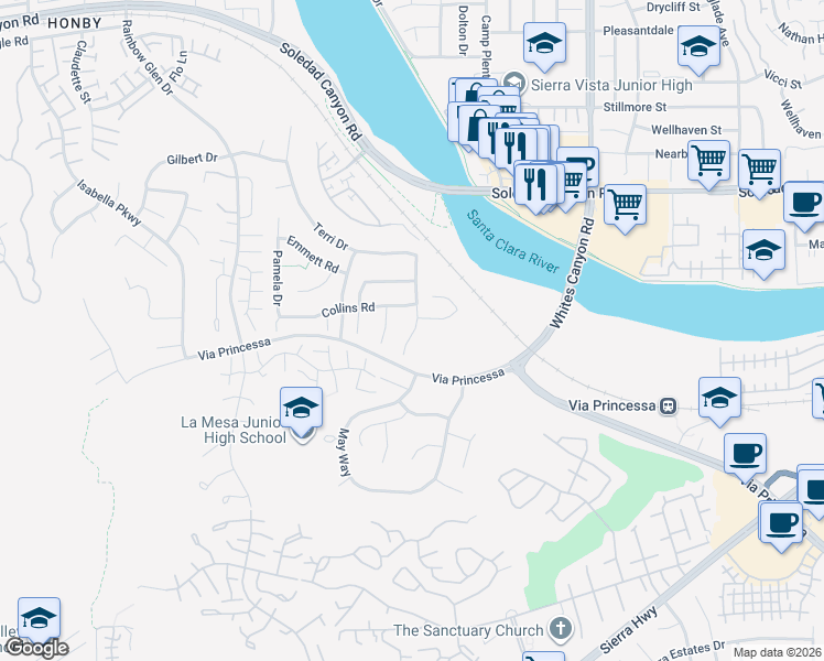 map of restaurants, bars, coffee shops, grocery stores, and more near 26735 Madigan Drive in Santa Clarita