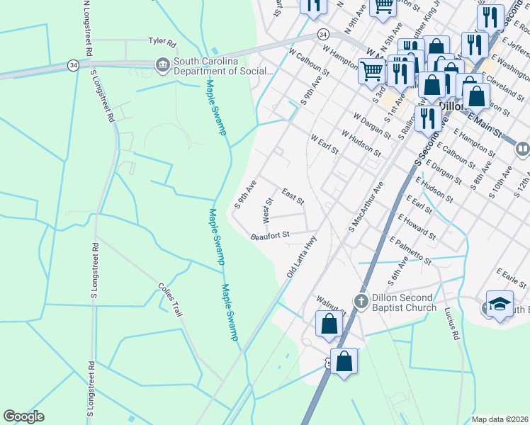 map of restaurants, bars, coffee shops, grocery stores, and more near 800 West Street in Dillon