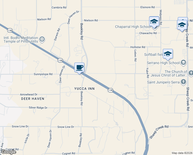 map of restaurants, bars, coffee shops, grocery stores, and more near 3444 California 138 in Pinon Hills