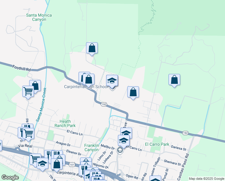 map of restaurants, bars, coffee shops, grocery stores, and more near 4810 Foothill Road in Carpinteria