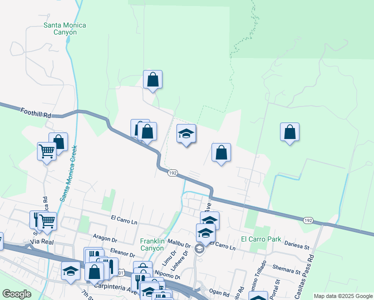 map of restaurants, bars, coffee shops, grocery stores, and more near 4810 Foothill Road in Carpinteria