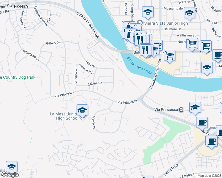 map of restaurants, bars, coffee shops, grocery stores, and more near 26735 Madigan Drive in Santa Clarita