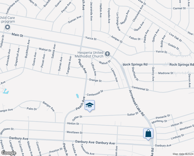 map of restaurants, bars, coffee shops, grocery stores, and more near 18530 Orange Street in Hesperia