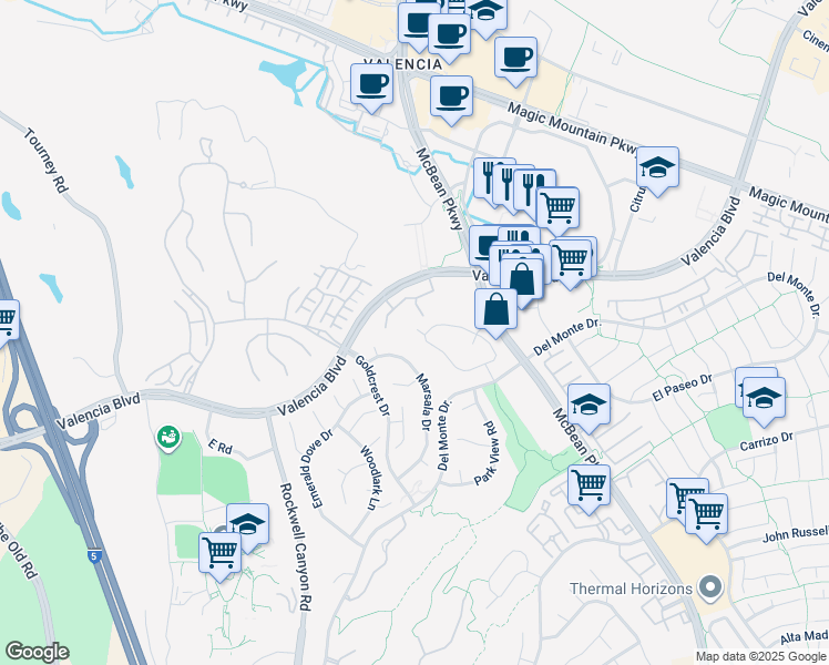 map of restaurants, bars, coffee shops, grocery stores, and more near 24133 West Del Monte Drive in Santa Clarita