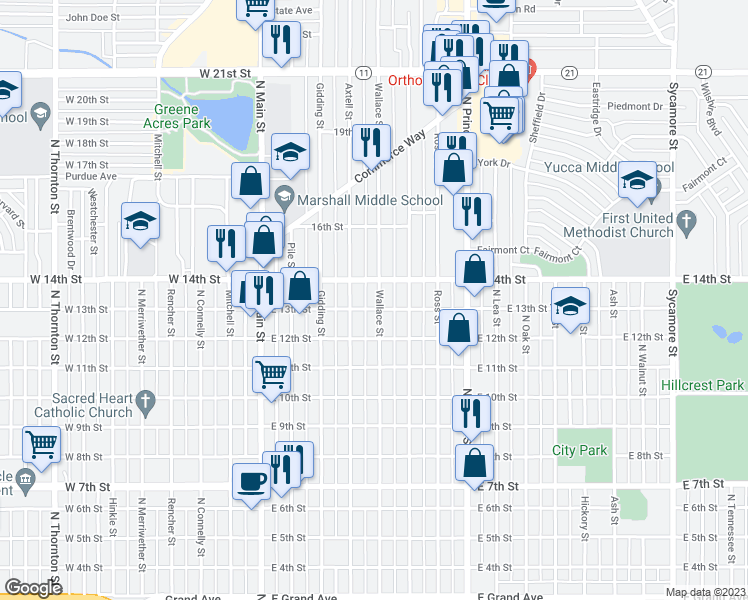 map of restaurants, bars, coffee shops, grocery stores, and more near 1304 Wallace Street in Clovis