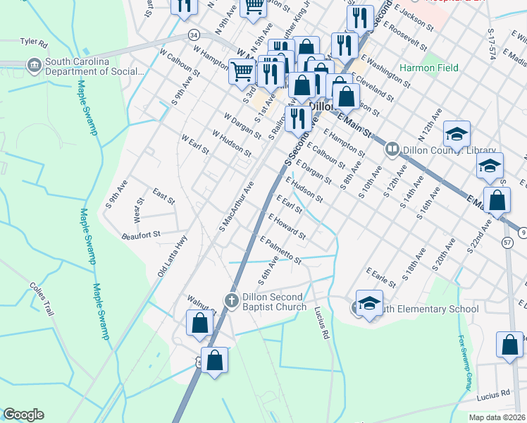 map of restaurants, bars, coffee shops, grocery stores, and more near 102 East Howard Street in Dillon