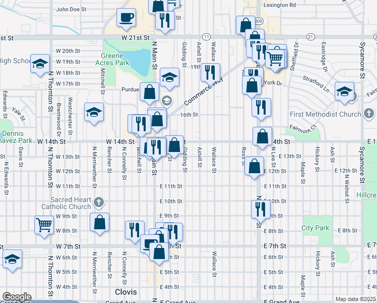 map of restaurants, bars, coffee shops, grocery stores, and more near 1312 Gidding Street in Clovis