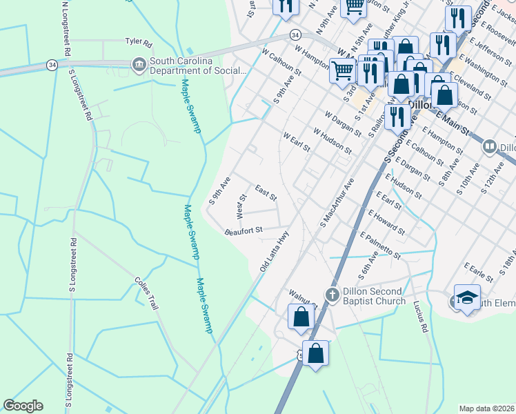 map of restaurants, bars, coffee shops, grocery stores, and more near 314 Center Street in Dillon