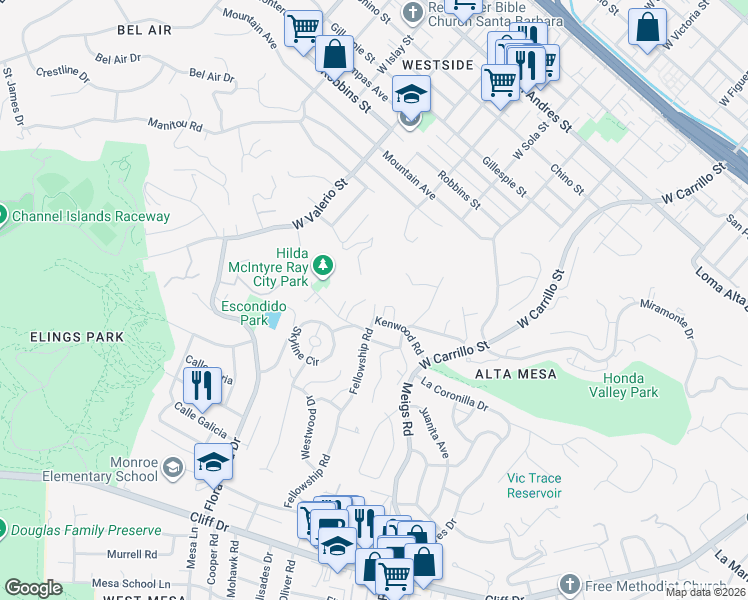 map of restaurants, bars, coffee shops, grocery stores, and more near 1328 Kenwood Road in Santa Barbara