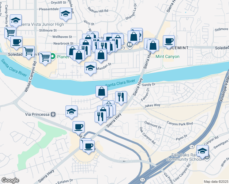 map of restaurants, bars, coffee shops, grocery stores, and more near Santa Clara River Trail in Santa Clarita