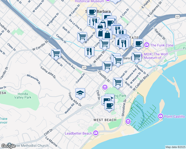 map of restaurants, bars, coffee shops, grocery stores, and more near 430 Rancheria Street in Santa Barbara