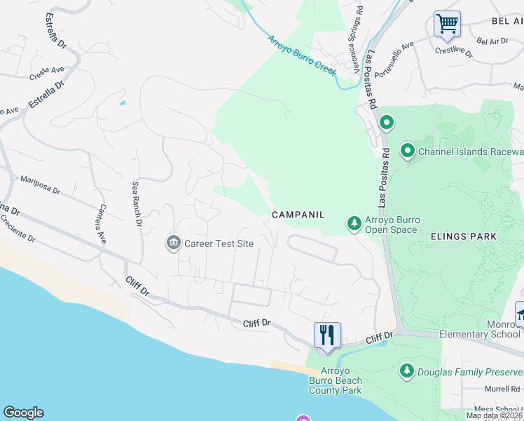 map of restaurants, bars, coffee shops, grocery stores, and more near 525 Brosian Way in Santa Barbara