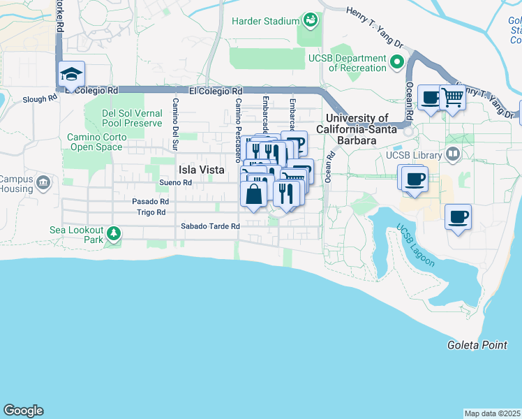 map of restaurants, bars, coffee shops, grocery stores, and more near 961 Embarcadero del Mar in Goleta