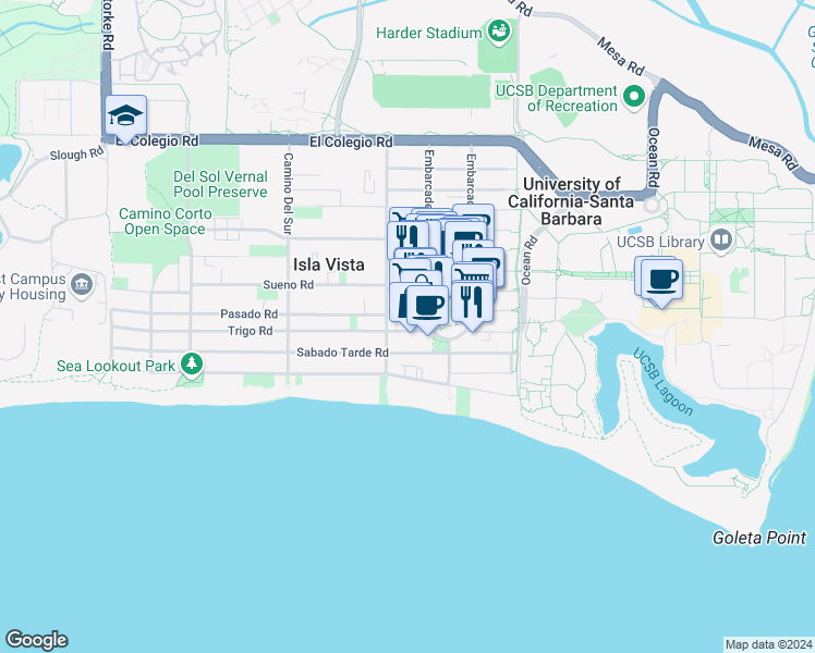 map of restaurants, bars, coffee shops, grocery stores, and more near 961 Embarcadero del Mar in Goleta