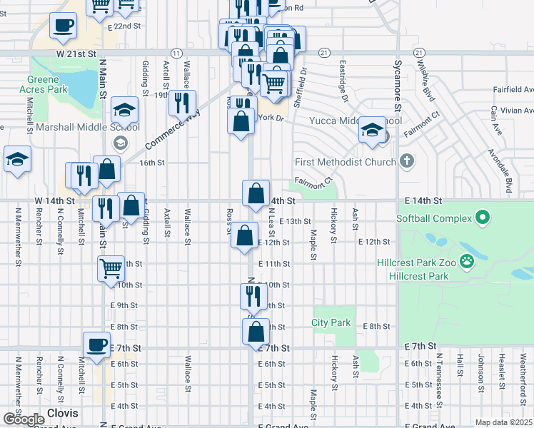 map of restaurants, bars, coffee shops, grocery stores, and more near 1304 North Lea Street in Clovis