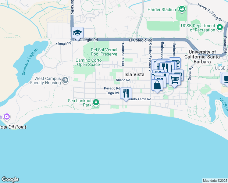 map of restaurants, bars, coffee shops, grocery stores, and more near 6730 Trigo Road in Goleta