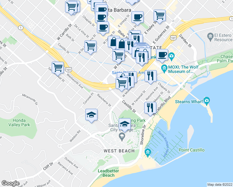 map of restaurants, bars, coffee shops, grocery stores, and more near 322 Castillo Street in Santa Barbara