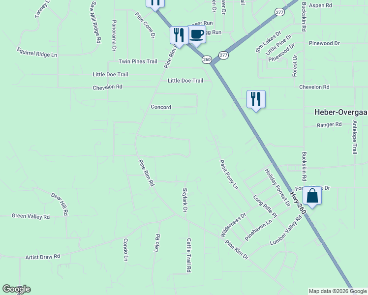 map of restaurants, bars, coffee shops, grocery stores, and more near 2013 Christmas Pine Road in Heber-Overgaard