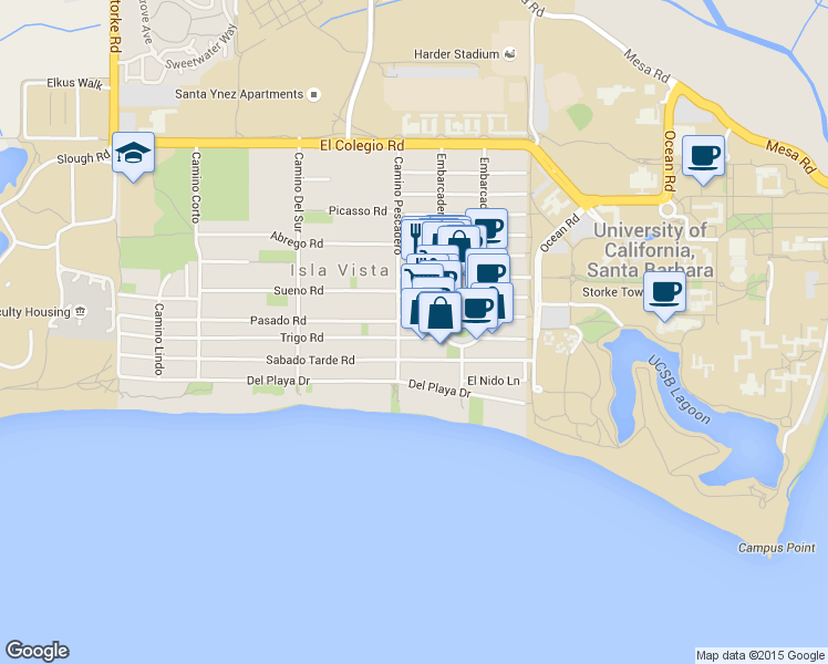 map of restaurants, bars, coffee shops, grocery stores, and more near 6588 Trigo Road in Goleta