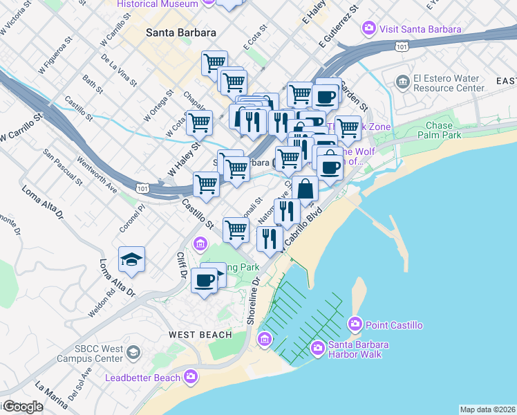 map of restaurants, bars, coffee shops, grocery stores, and more near 211 West Yanonali Street in Santa Barbara
