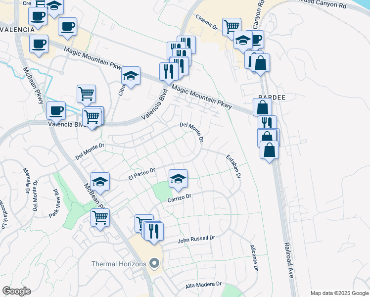 map of restaurants, bars, coffee shops, grocery stores, and more near 26033 Tierra Drive in Santa Clarita
