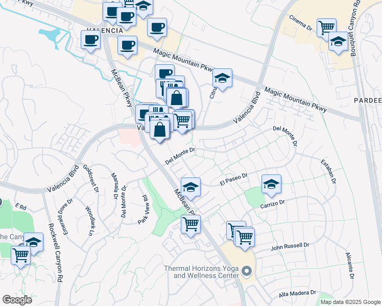 map of restaurants, bars, coffee shops, grocery stores, and more near 24005 Pasala Court in Santa Clarita