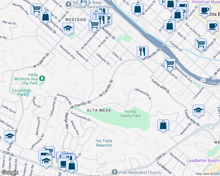map of restaurants, bars, coffee shops, grocery stores, and more near 1050 Vista Del Pueblo in Santa Barbara