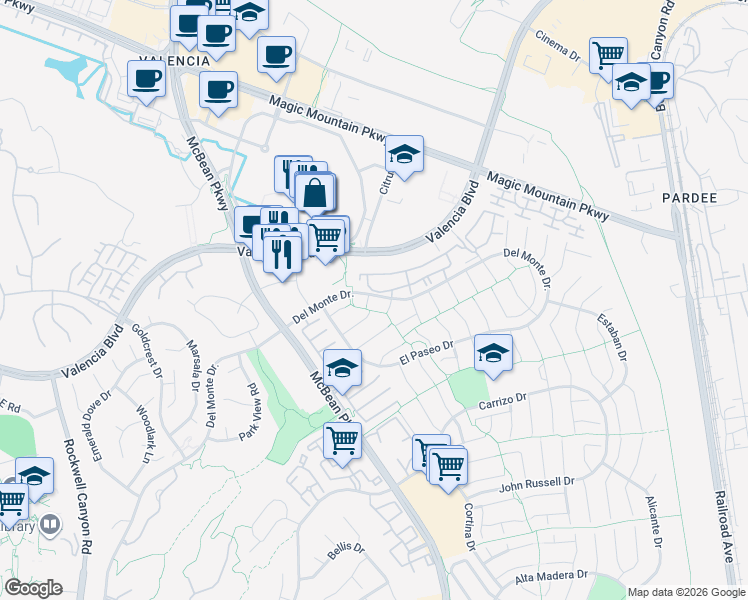 map of restaurants, bars, coffee shops, grocery stores, and more near 26212 Benito Court in Santa Clarita