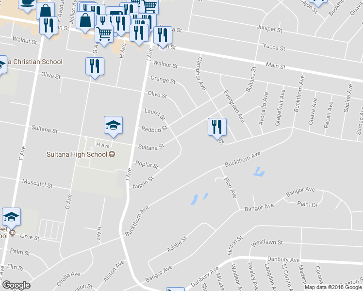 map of restaurants, bars, coffee shops, grocery stores, and more near 17561 Aspen Street in Hesperia