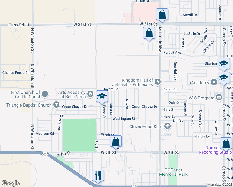 map of restaurants, bars, coffee shops, grocery stores, and more near 1308 Hondo St in Clovis