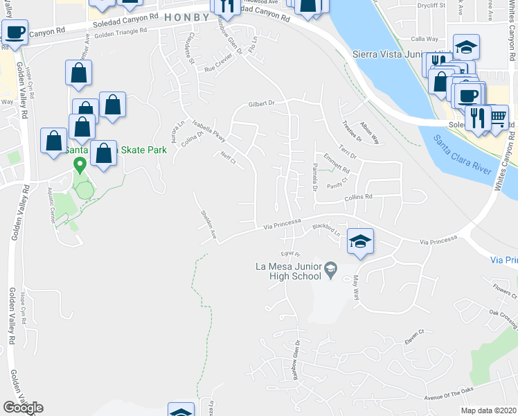 map of restaurants, bars, coffee shops, grocery stores, and more near 26514 Isabella Parkway in Santa Clarita