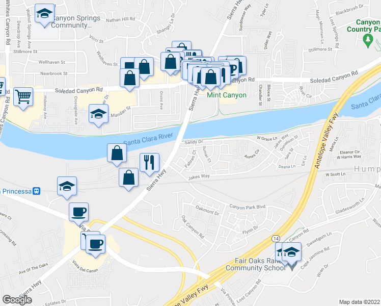 map of restaurants, bars, coffee shops, grocery stores, and more near 27365 Fahren Court in Los Angeles County