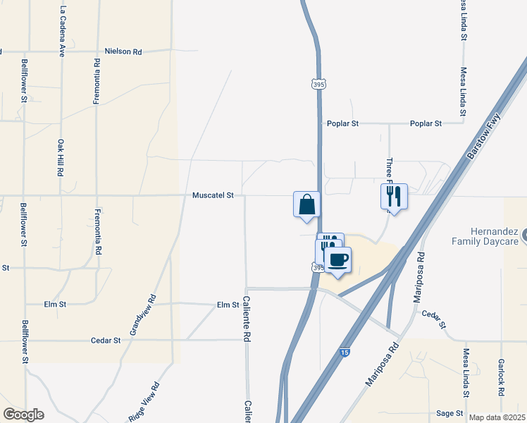 map of restaurants, bars, coffee shops, grocery stores, and more near 8787 Caliente Road in Hesperia