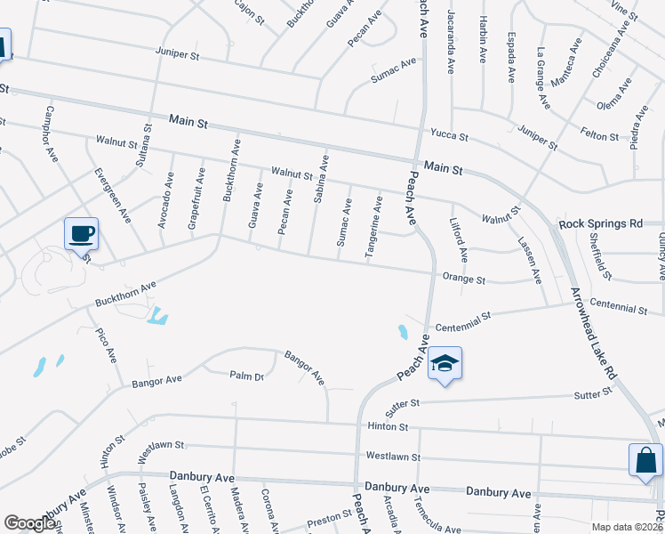 map of restaurants, bars, coffee shops, grocery stores, and more near 18221 Orange Street in Hesperia