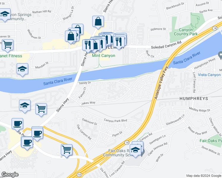 map of restaurants, bars, coffee shops, grocery stores, and more near 18032 Annes Circle in Los Angeles County