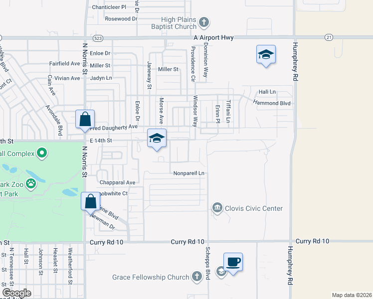 map of restaurants, bars, coffee shops, grocery stores, and more near 1600 Windsor Way in Clovis