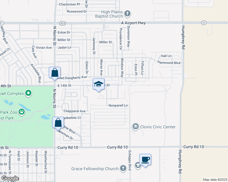 map of restaurants, bars, coffee shops, grocery stores, and more near 1600 Windsor Way in Clovis