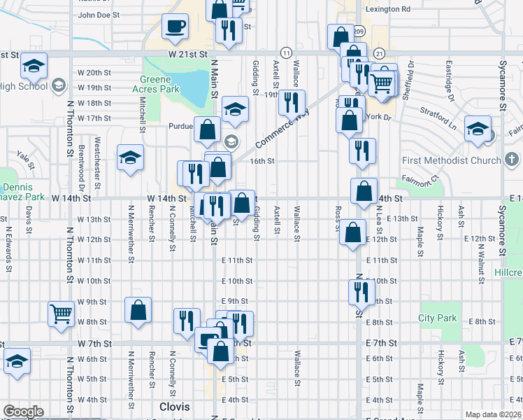 map of restaurants, bars, coffee shops, grocery stores, and more near 1312 Gidding Street in Clovis
