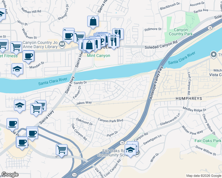 map of restaurants, bars, coffee shops, grocery stores, and more near 18005 Annes Circle in Santa Clarita