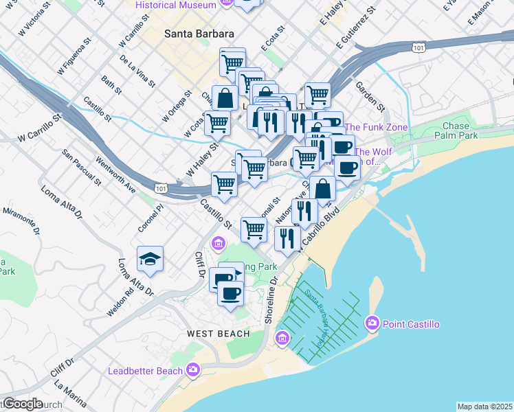 map of restaurants, bars, coffee shops, grocery stores, and more near 231 Los Aguajes Avenue in Santa Barbara