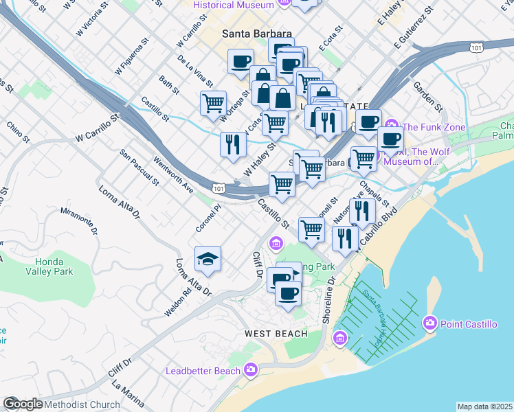 map of restaurants, bars, coffee shops, grocery stores, and more near 322 Castillo Street in Santa Barbara