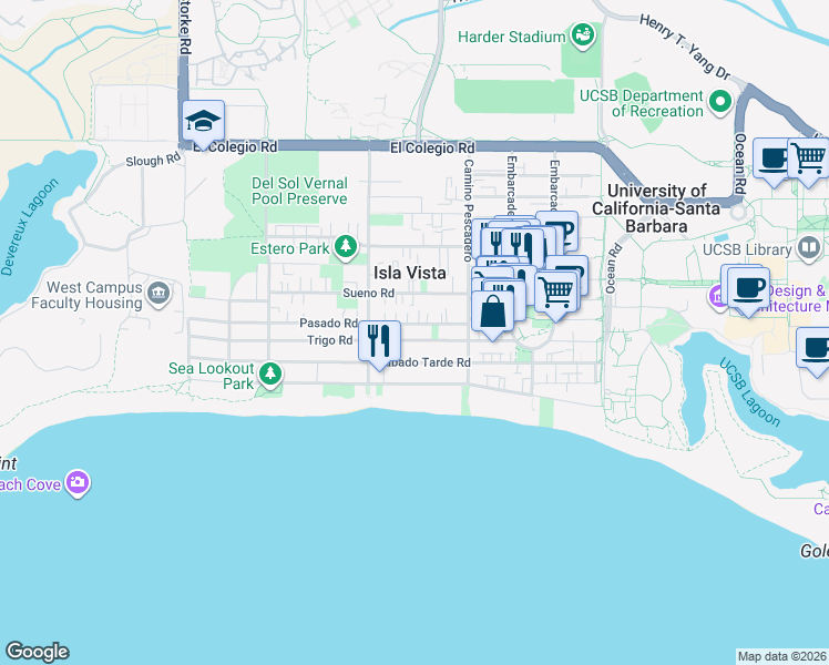 map of restaurants, bars, coffee shops, grocery stores, and more near in Isla Vista