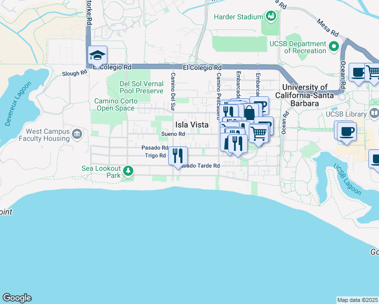 map of restaurants, bars, coffee shops, grocery stores, and more near in Isla Vista