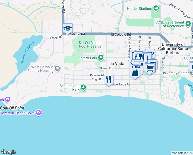 map of restaurants, bars, coffee shops, grocery stores, and more near 6720 Trigo Road in Isla Vista