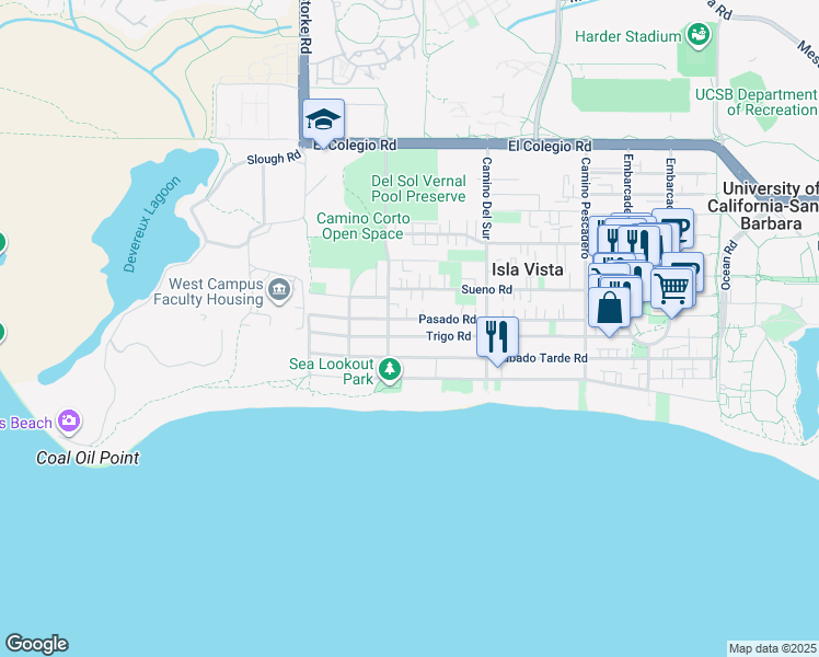 map of restaurants, bars, coffee shops, grocery stores, and more near 6760 Trigo Road in Goleta