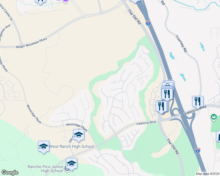 map of restaurants, bars, coffee shops, grocery stores, and more near 25657 Birchleaf Court in Los Angeles County