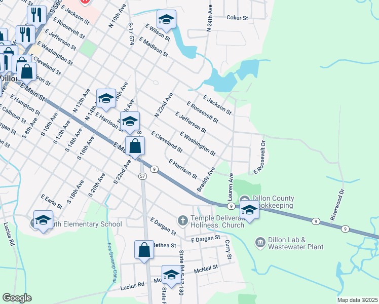 map of restaurants, bars, coffee shops, grocery stores, and more near 1323 East Cleveland Street in Dillon