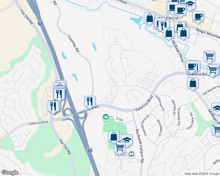 map of restaurants, bars, coffee shops, grocery stores, and more near 26839 Pinehurst Drive in Santa Clarita