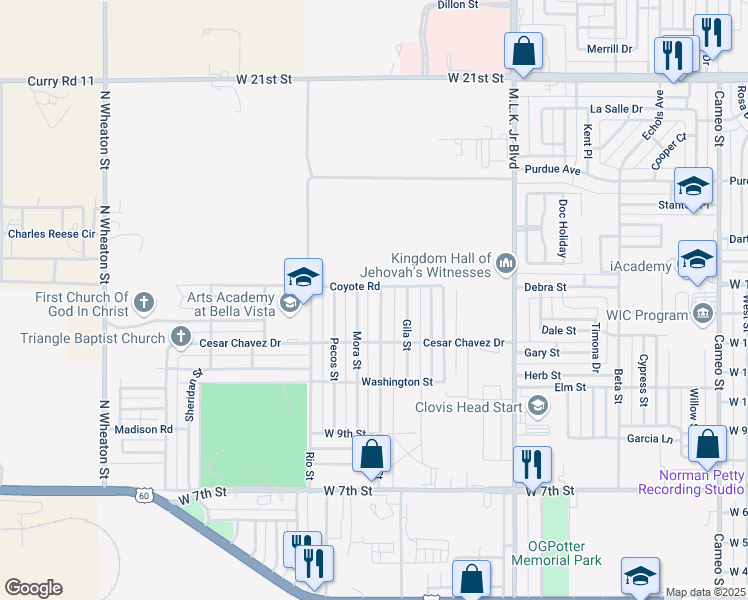 map of restaurants, bars, coffee shops, grocery stores, and more near 1308 Hondo Street in Clovis